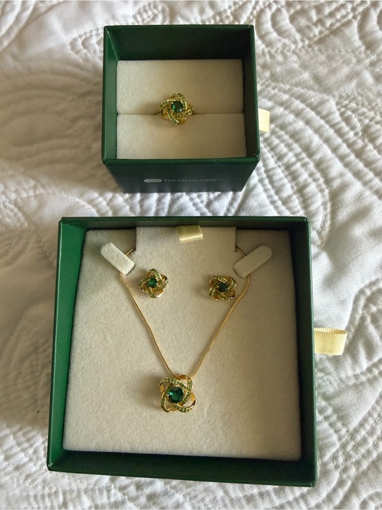 Jewelry - Lab-created Emerald Celtic Knot Ring, Necklace, & Earring Set.